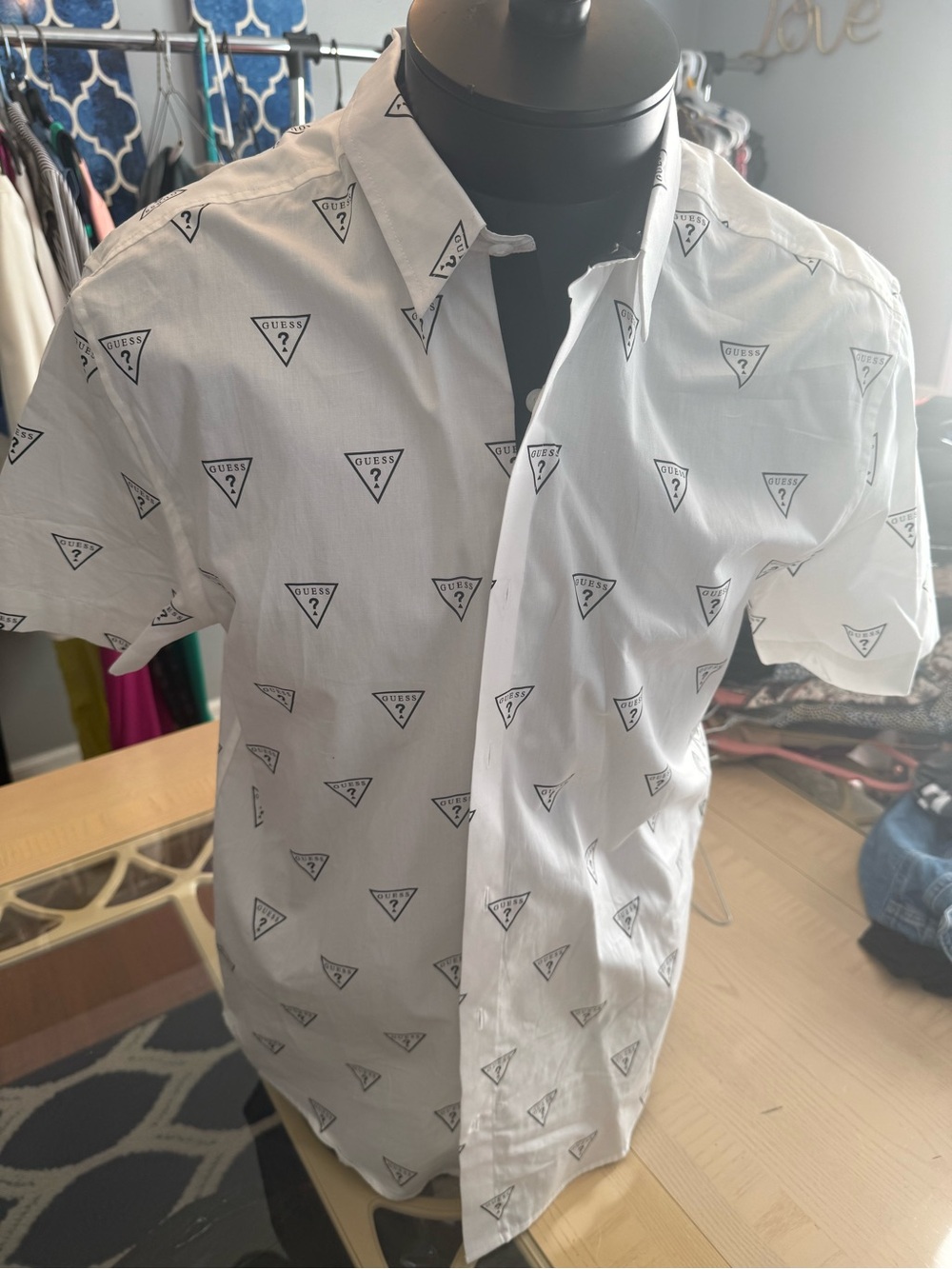 Guess White Short Sleeve Button-Down with Logo Triangle Print